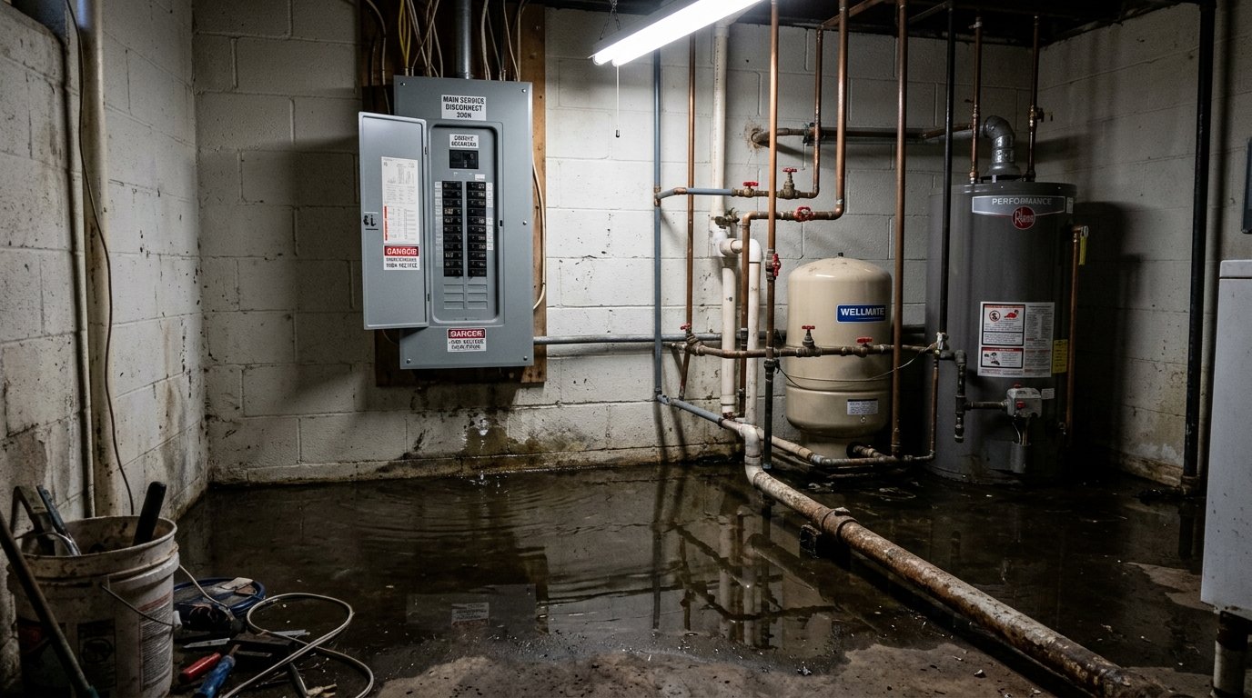 Basement electrical panel and standing water hazard warning