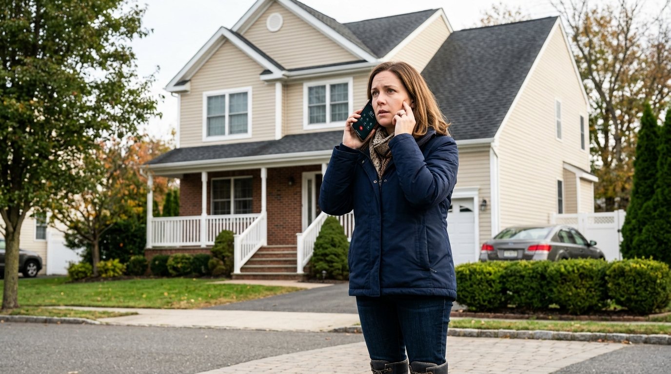 Homeowner safely calling emergency plumber from outside their house