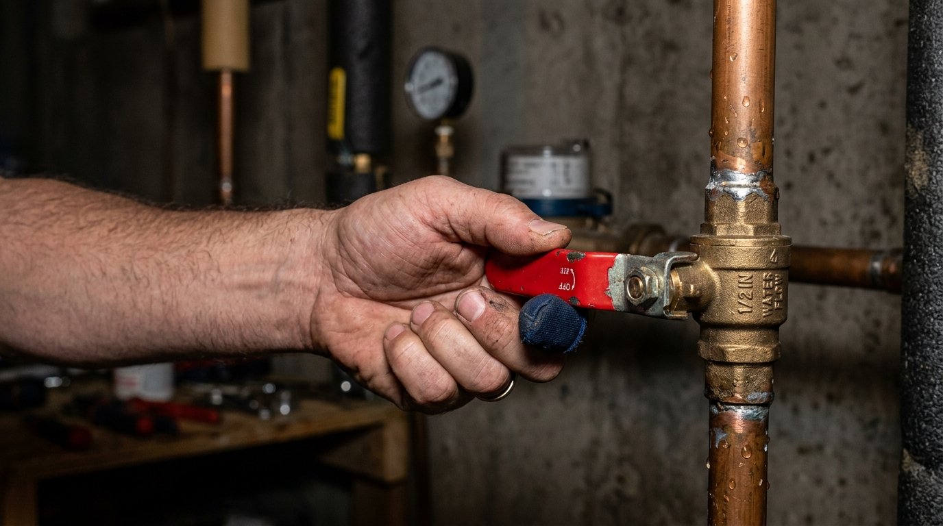 Homeowner turning main water shut off valve clockwise